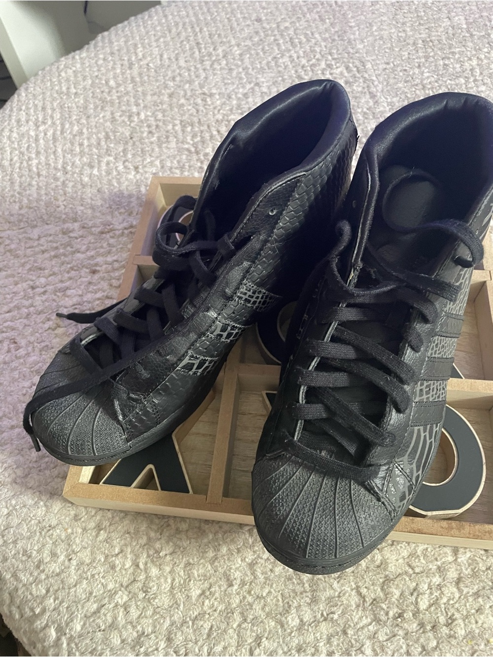 Black High-Top Adidas Sneakers with Croc Textured Pattern